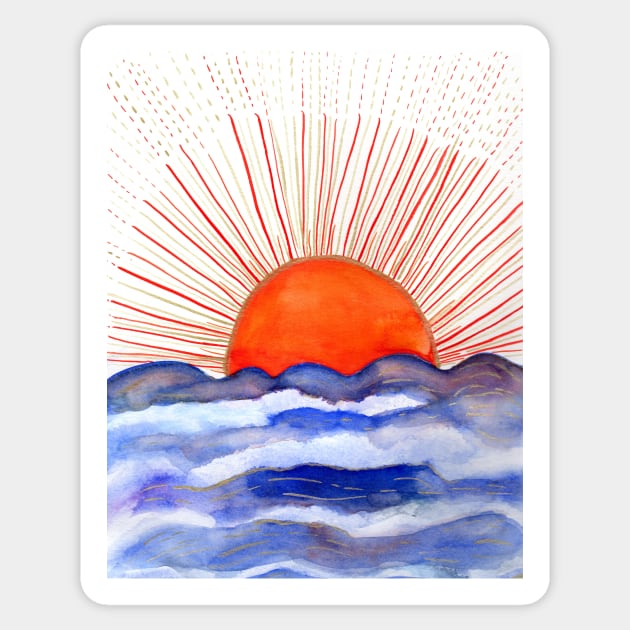 Golden Sun rising above the Ocean Watercolor Illustration Sticker by Sandraartist